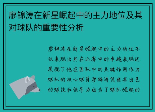廖锦涛在新星崛起中的主力地位及其对球队的重要性分析