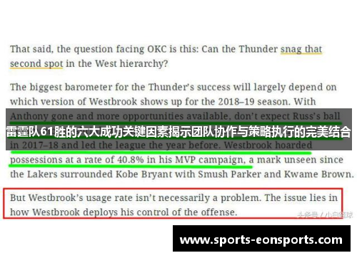 雷霆队61胜的六大成功关键因素揭示团队协作与策略执行的完美结合